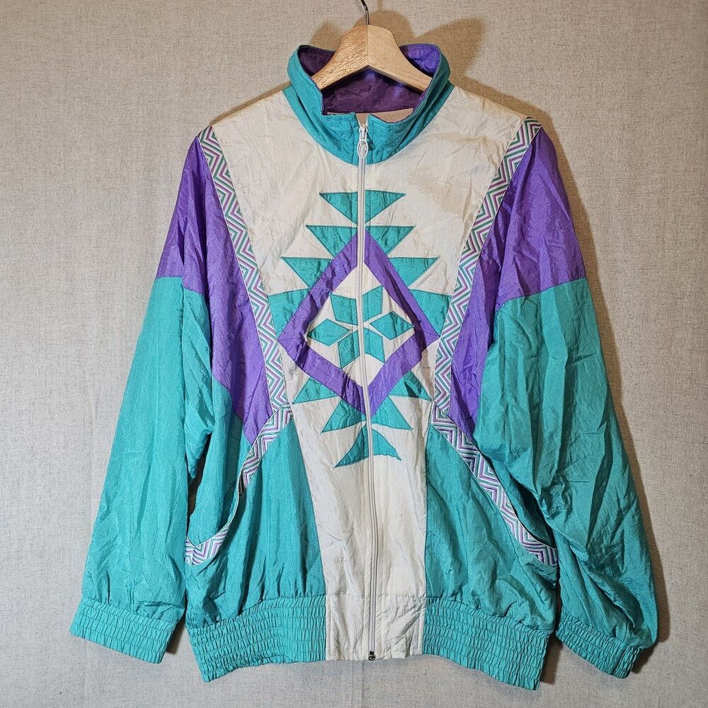 Vintage 90s Y2K Lavon Windbreaker Turquoise Purple White Southwest Womens Medium